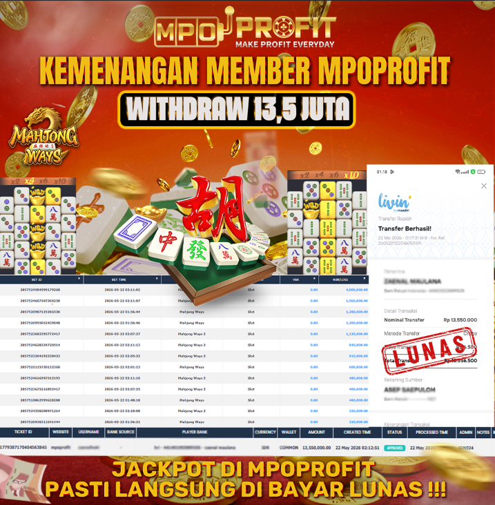 MPOPROFIT JACKPOT SLOT PGSOFT! KEMENANGAN MURNI DI (MAHJONG WAYS TOTAL RP 13.550.000,- LUNAS)